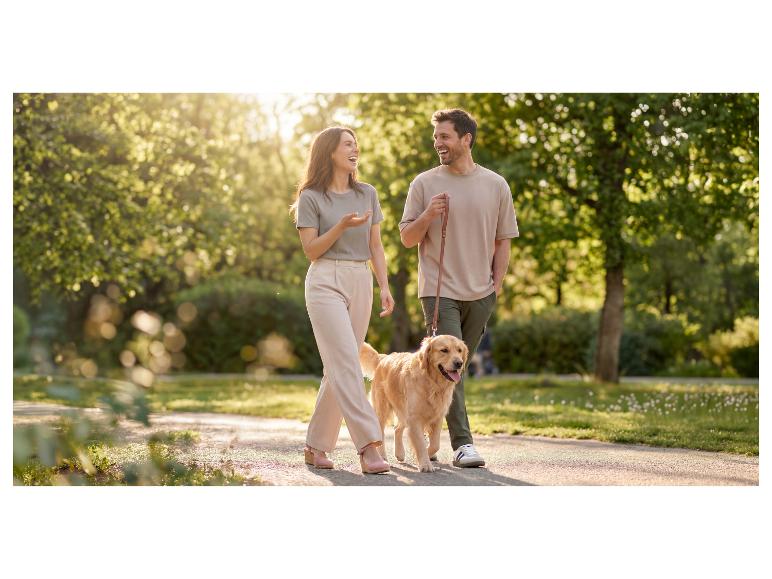 Couple promenant un golden retriever dans un parc, profitant du soleil.
