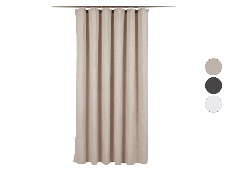 Rideau de douche en tissu texturé beige, disponible en d'autres couleurs.