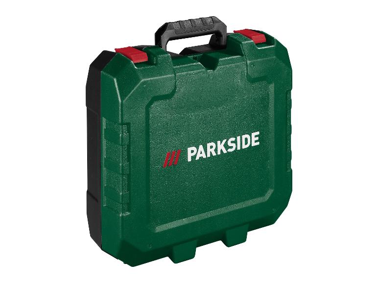 Une boîte à outils verte Parkside avec une poignée noire.