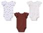 Trois bodys bébé à manches courtes : cœurs, fleurs et uni marron.