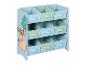 Étagère de rangement bleue pour enfants avec 9 boîtes en tissu et motifs de ferme.