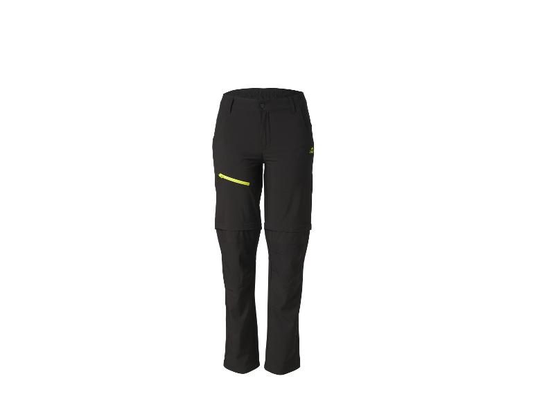 Pantalon zippé noir avec détails de fermeture éclair jaunes, idéal pour les activités de plein air.