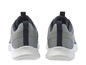 Une paire de baskets grises et bleues avec des semelles blanches.