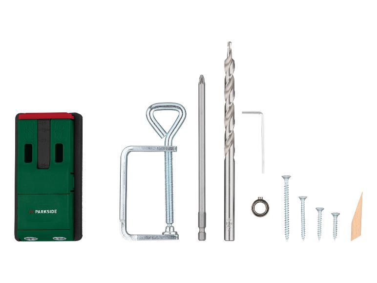 Kit d'outils de perçage avec foret, vis, serre-joint et clé Allen.