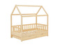 Un lit d'enfant en bois avec un auvent en forme de maison et deux tiroirs.
