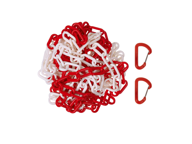 Chaîne en plastique rouge et blanche avec deux mousquetons rouges.