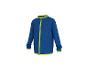 Veste polaire bleue avec fermeture éclair et bordures vert vif.