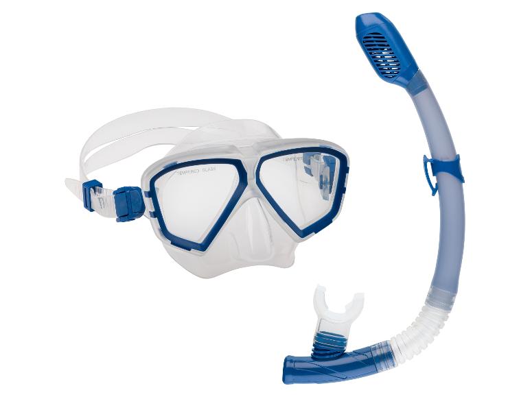 Masque de plongée avec tuba en bleu et transparent.