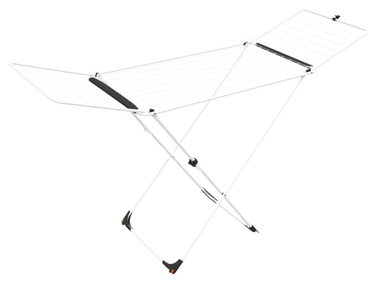 Séchoir à linge blanc et noir avec des ailes pliables.