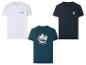 Trois t-shirts : blanc "Work-Life Balance", bleu marine (surf), vert foncé (moto).