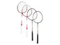 Trois raquettes de badminton, deux avec des détails rouges et blancs et une avec des détails noirs et dorés.
