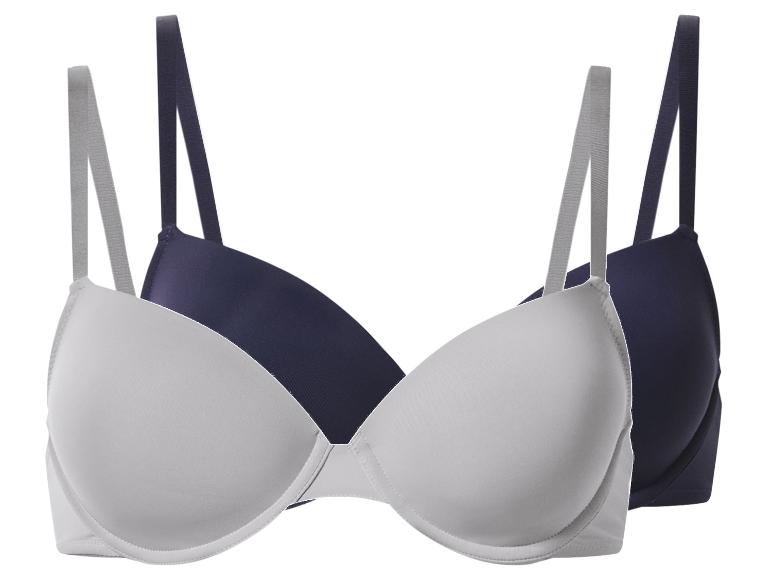Deux soutiens-gorge, un gris clair et un bleu foncé, avec bretelles ajustables.