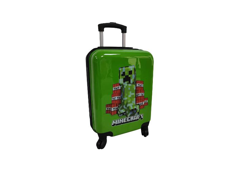 Valise enfant verte avec poignée télescopique et graphiques de jeu vidéo.