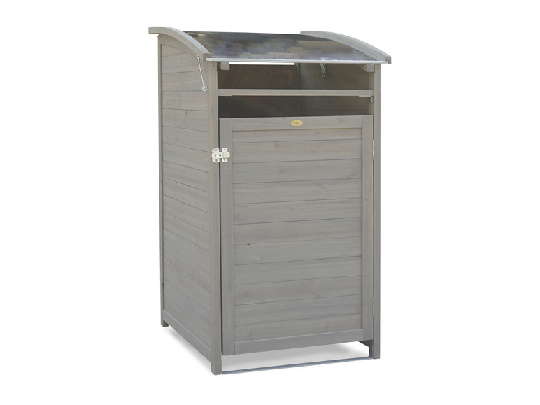 Une poubelle en bois gris avec un toit en métal.