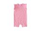 Barboteuse rose pour bébé avec imprimé soleil jaune et manches à volants.
