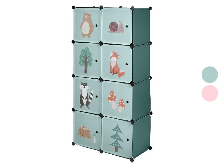 Armoire modulaire pour enfants avec motifs d'animaux et de plantes forestières couleur menthe.