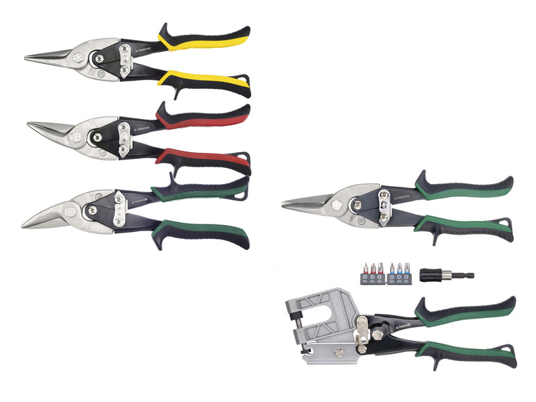 Trois coupe-tôles Parkside et un coupe-métal Parkside avec un jeu de tournevis.