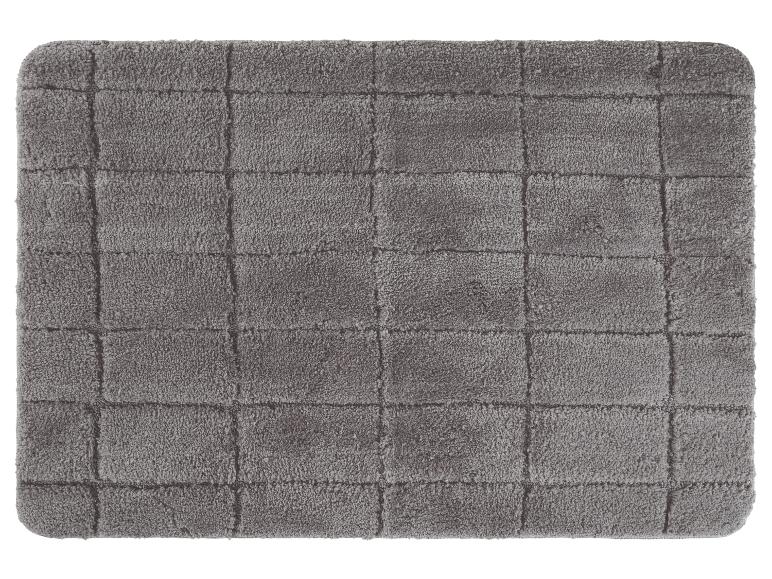 Tapis de bain gris à motif quadrillé.