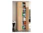 Une haute armoire en bois clair avec portes ouvertes, révélant des classeurs colorés et des livres.