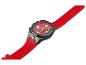 Montre rouge avec boîtier noir et lampe de poche intégrée.