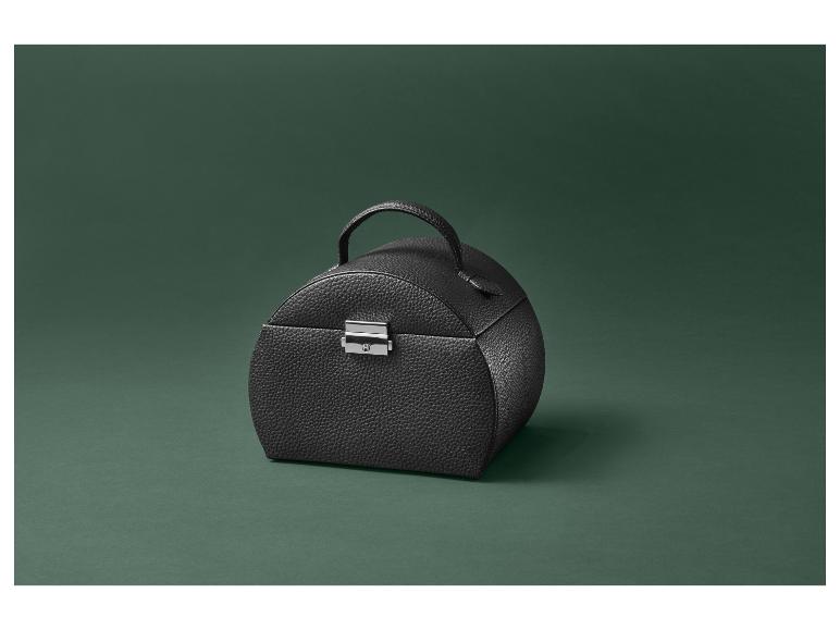 Un coffret à bijoux en cuir noir avec une poignée.