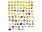 Une collection d'autocollants colorés avec des emojis, des symboles et du texte comme 'HAPPY' et 'GOOD DAY'.