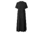 Robe longue noire à manches courtes avec jupe à volants, vue de dos.