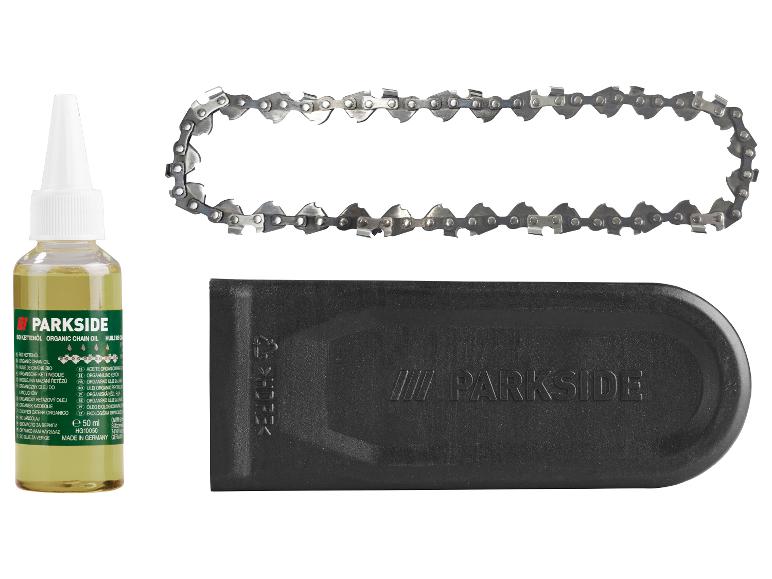 Huile de chaîne bio Parkside, chaîne de tronçonneuse et couvercle de protection noir.