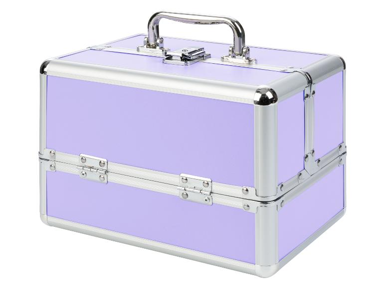 Une valise en aluminium violette avec une poignée.