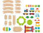 Ensemble de jouets en bois avec rails de train, train, xylophone et blocs de construction.