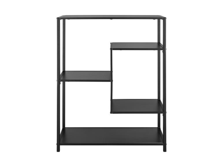 Une étagère noire avec des étagères décalées sur fond blanc.