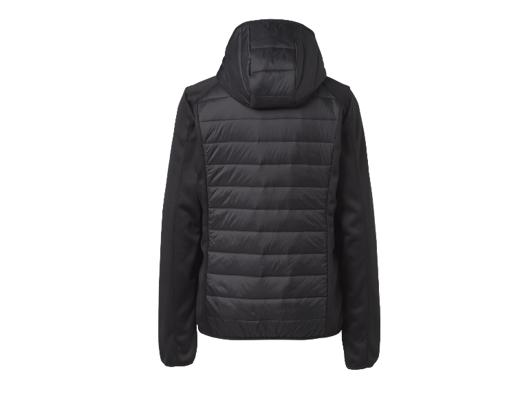 Veste noire à capuche et rembourrage matelassé.