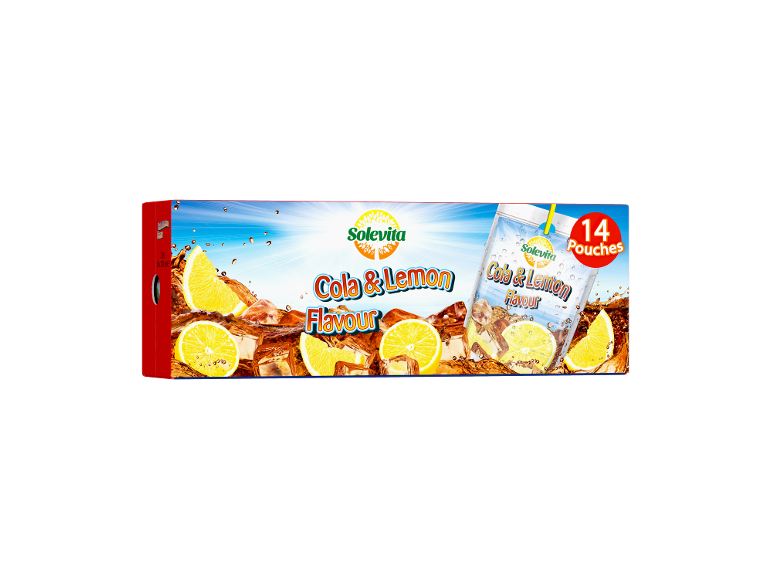 Boîte de 14 sachets de boisson cola-citron, avec glaçons et tranches de citron.