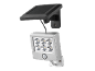 Lampe solaire LED argentée avec détecteur de mouvement et panneau solaire.