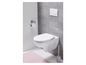 Des toilettes blanches avec un tapis de bain rose et une brosse de toilette.