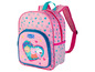 Un sac à dos rose Peppa Pig avec des étoiles et des cœurs.