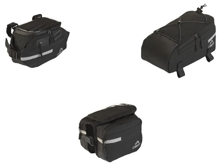 Trois sacoches de vélo CRIVIT noires de styles différents.