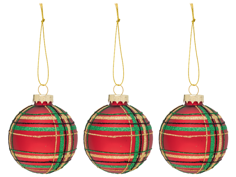 Trois boules de Noël rouges à motif écossais vert et doré.