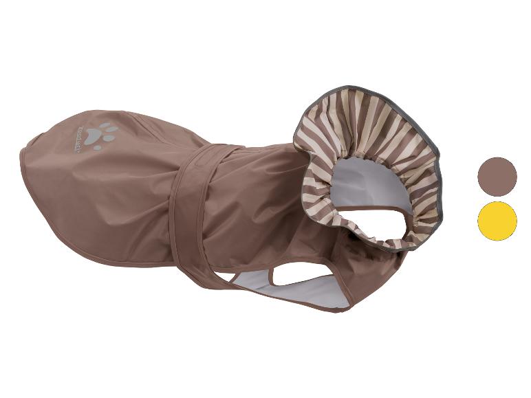 Imperméable marron pour chien avec capuche rayée et empreinte de patte réfléchissante.
