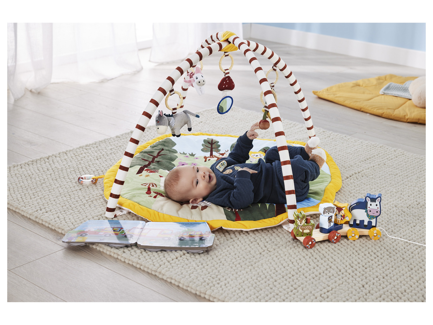 Tapis D'éveil Bébé Avec Arche Amovible - 6 Jouets Sensoriels - Développement Moteur Et Sensoriel - Cadeau Naissance Beige - 85x85 Cm