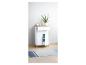 Une armoire de salle de bain blanche avec un tiroir et deux portes, une plante, un tapis de bain et des accessoires de salle de bain