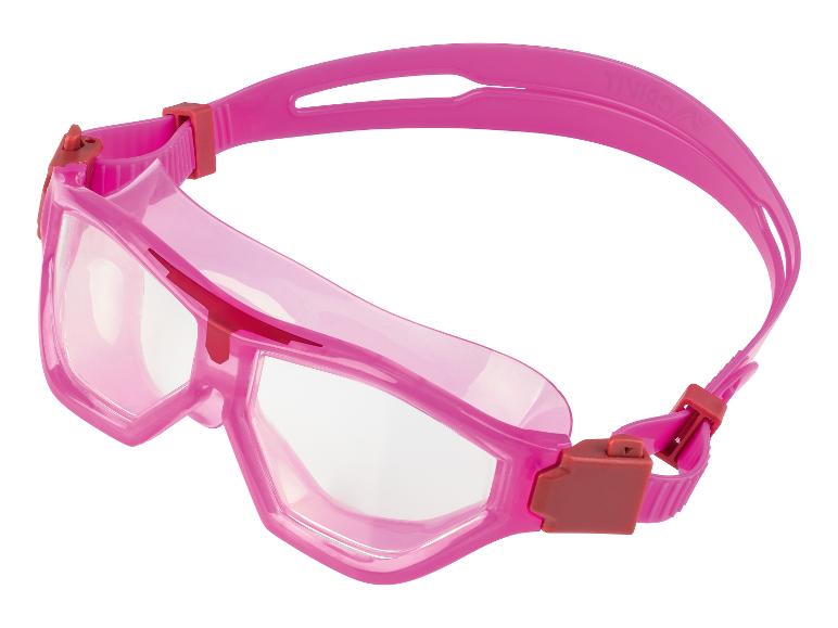 Lunettes de natation roses avec verres transparents et sangle ajustable.