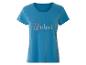 T-shirt bleu femme avec inscription "Weekend" multicolore.