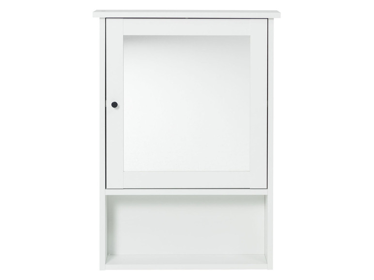 Une armoire de salle de bain blanche avec une porte miroir et une étagère.