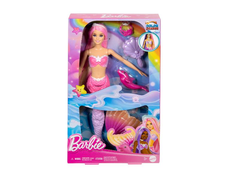 Poupée sirène aux cheveux et queue roses, fonction de changement de couleur et accessoires marins.