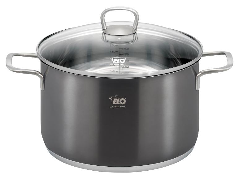 Une casserole en acier inoxydable avec un couvercle en verre de la marque ELO.