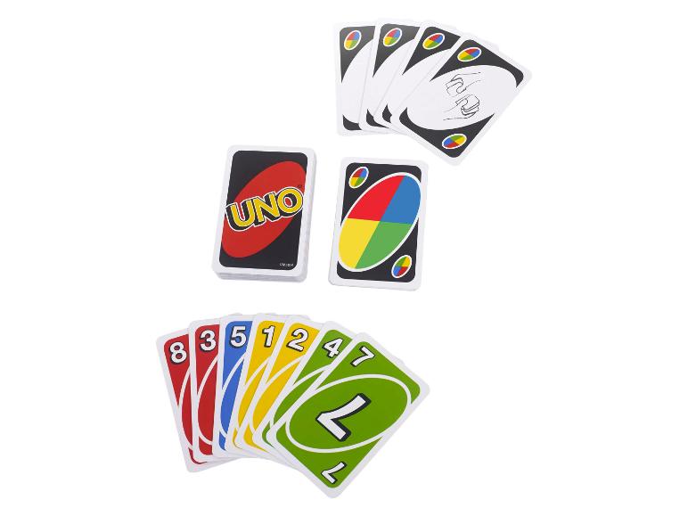 Cartes de jeu UNO de Mattel avec pioche, carte joker et éventail de cartes colorées avec chiffres.