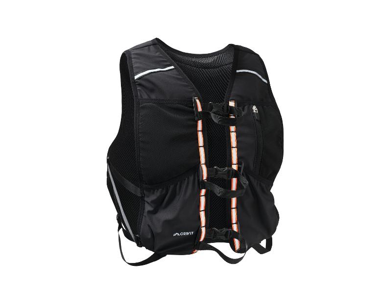 Gilet de course noir avec bandes réfléchissantes orange et blanches et plusieurs poches