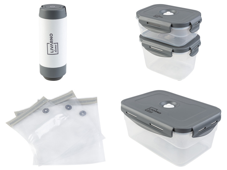 Une machine à sous-vide avec deux boîtes de conservation et des sacs de Livarno Home.