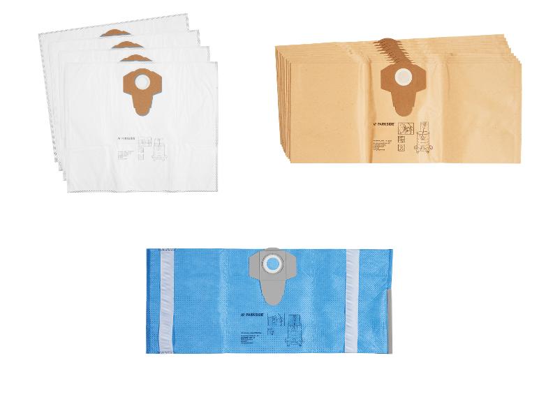Trois types de sacs d'aspirateur : synthétiques blancs, en papier marron et synthétiques bleus.